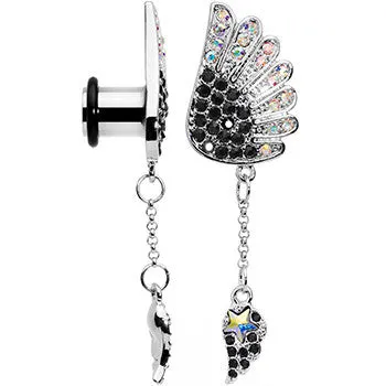 0 Gauge Aurora Black Gem Arial Angel Wings Dangle Plug Set