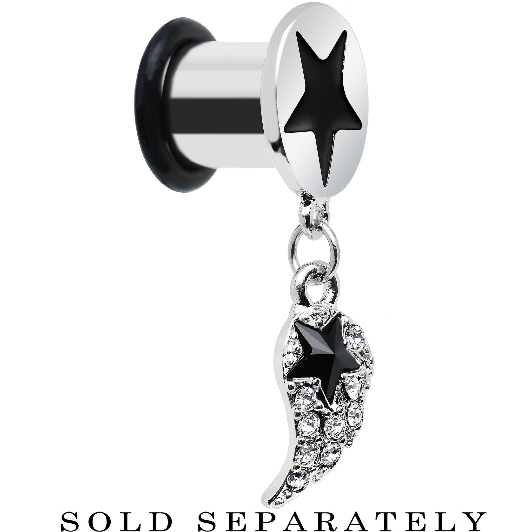 0 Gauge Clear Gem Angel Wing and Black Star Single Flare Dangle Plug