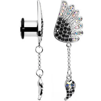 00 Gauge Aurora Black Gem Arial Angel Wings Dangle Plug Set