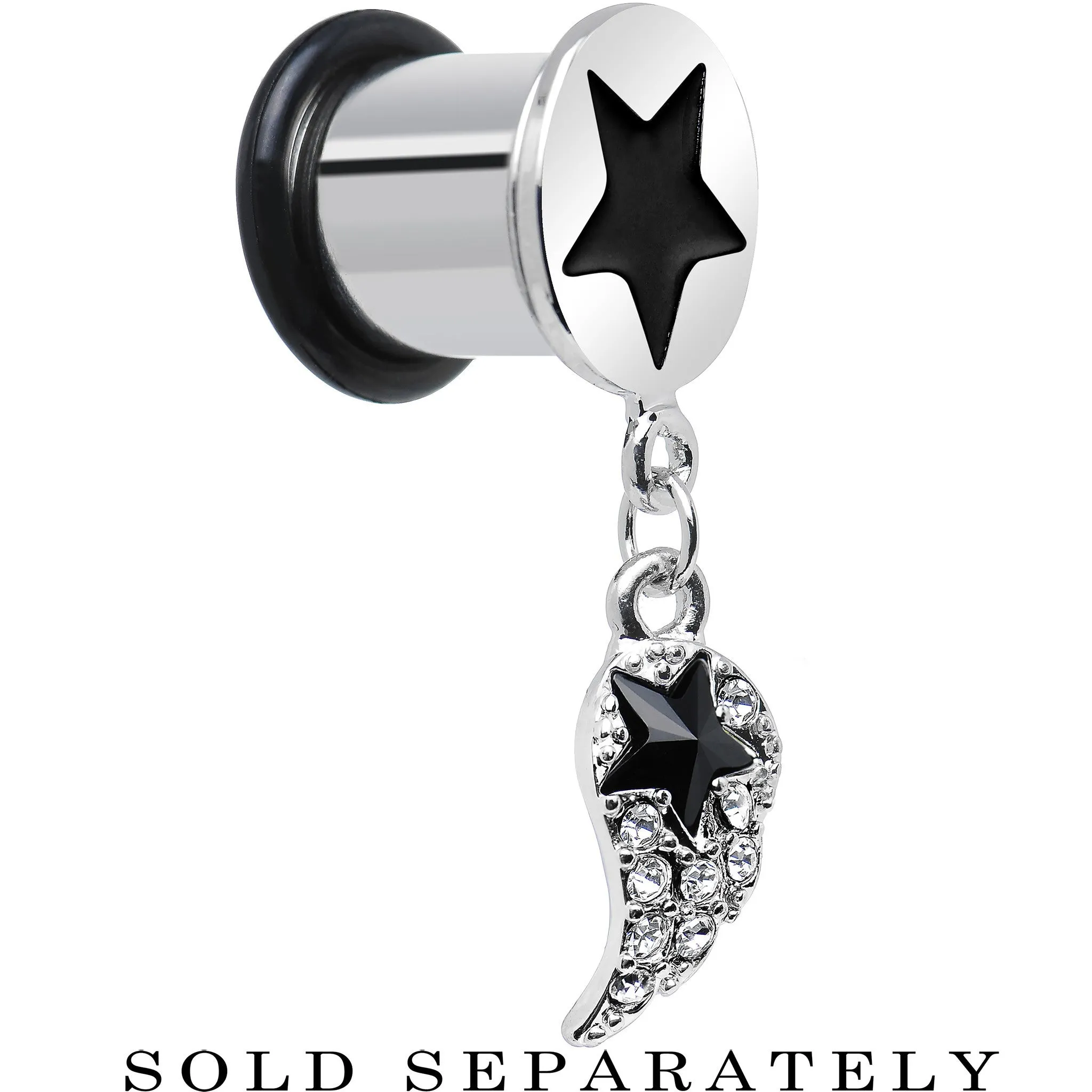 00 Gauge Clear Gem Angel Wing and Black Star Single Flare Dangle Plug