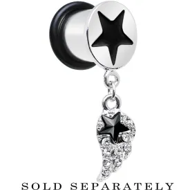 00 Gauge Clear Gem Angel Wing and Black Star Single Flare Dangle Plug