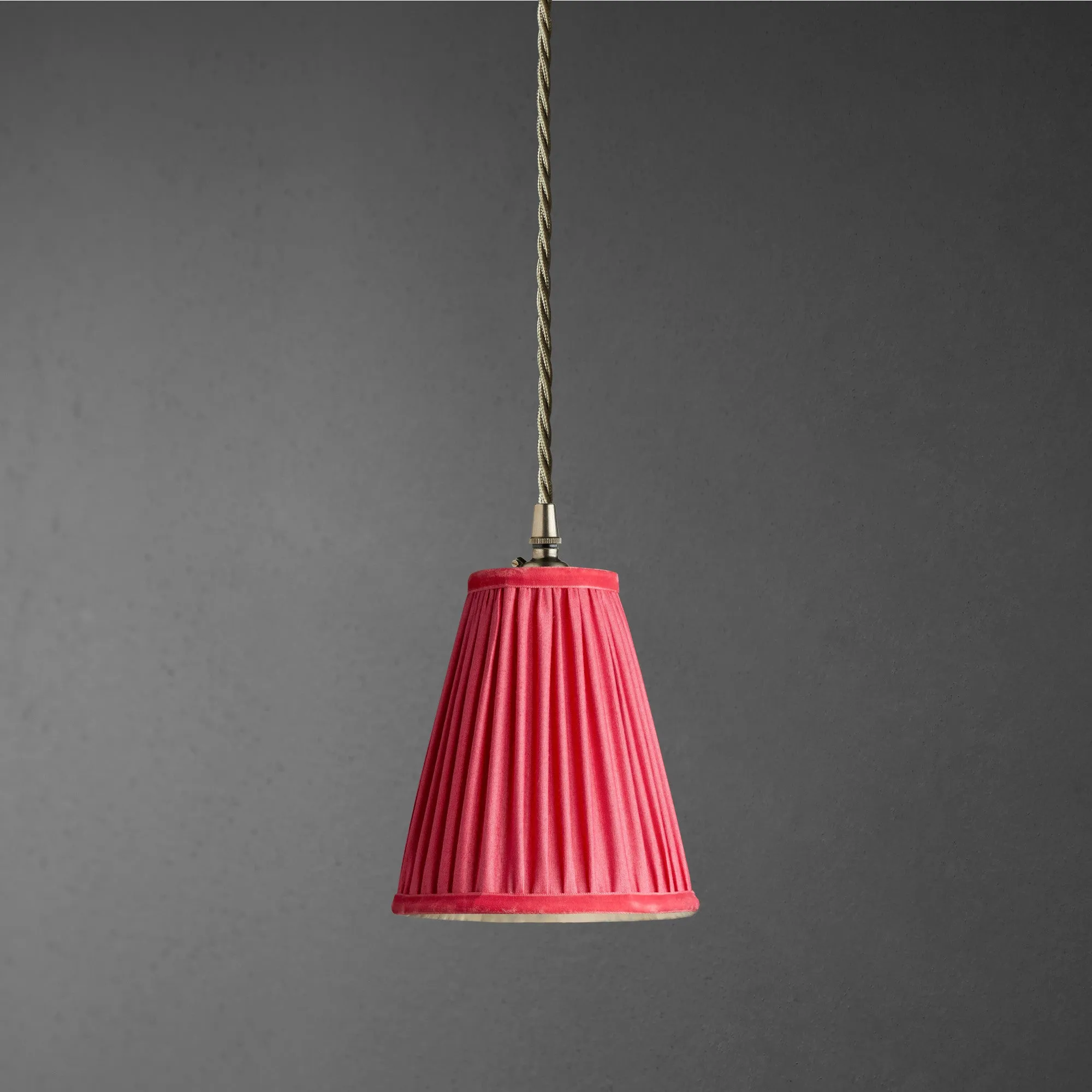 14cm wizard hat pendant shade in ruby silk with velvet tape