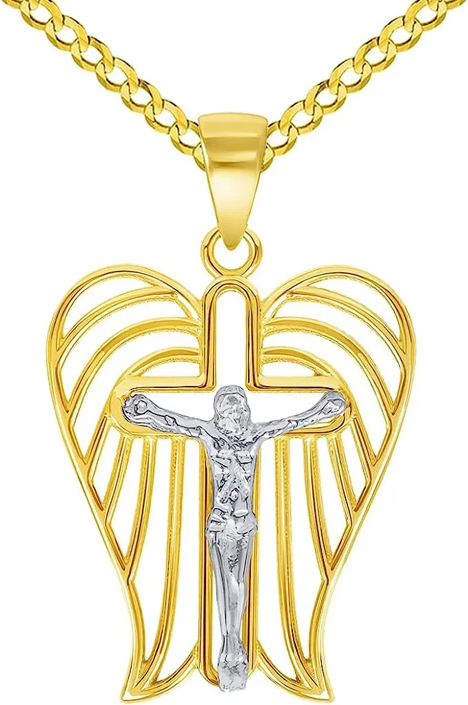 14k Two-Tone Gold Religious Angel Wing Cross Crucifix Pendant with Cable, Cuban Curb, or Figaro Chain Necklaces