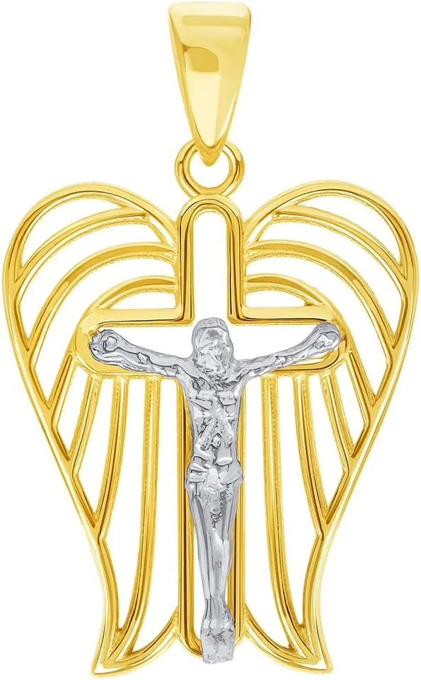 14k Two-Tone Gold Religious Angel Wing Cross Crucifix Pendant with Cable, Cuban Curb, or Figaro Chain Necklaces