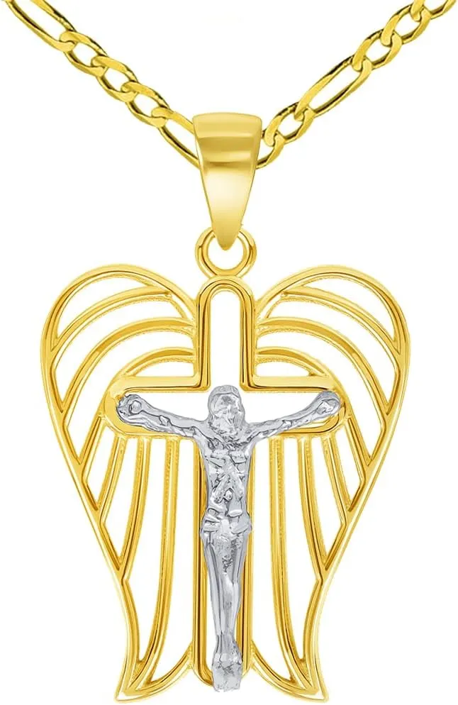 14k Two-Tone Gold Religious Angel Wing Cross Crucifix Pendant with Cable, Cuban Curb, or Figaro Chain Necklaces