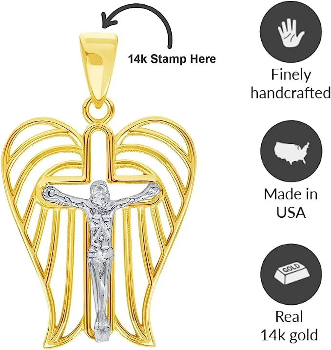 14k Two-Tone Gold Religious Angel Wing Cross Crucifix Pendant with Cable, Cuban Curb, or Figaro Chain Necklaces