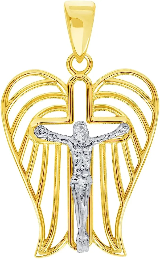 14k Two-Tone Gold Religious Angel Wing Cross Crucifix Pendant with Cable, Cuban Curb, or Figaro Chain Necklaces
