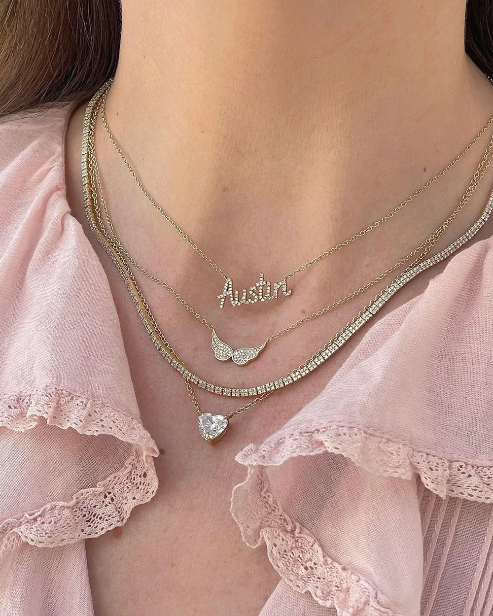 14k Yellow Gold Double Angel Wing Diamond Necklace