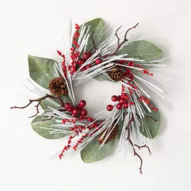 19"H Sullivans Snowy Long Pine & Berry Christmas Mini Wreath, Green
