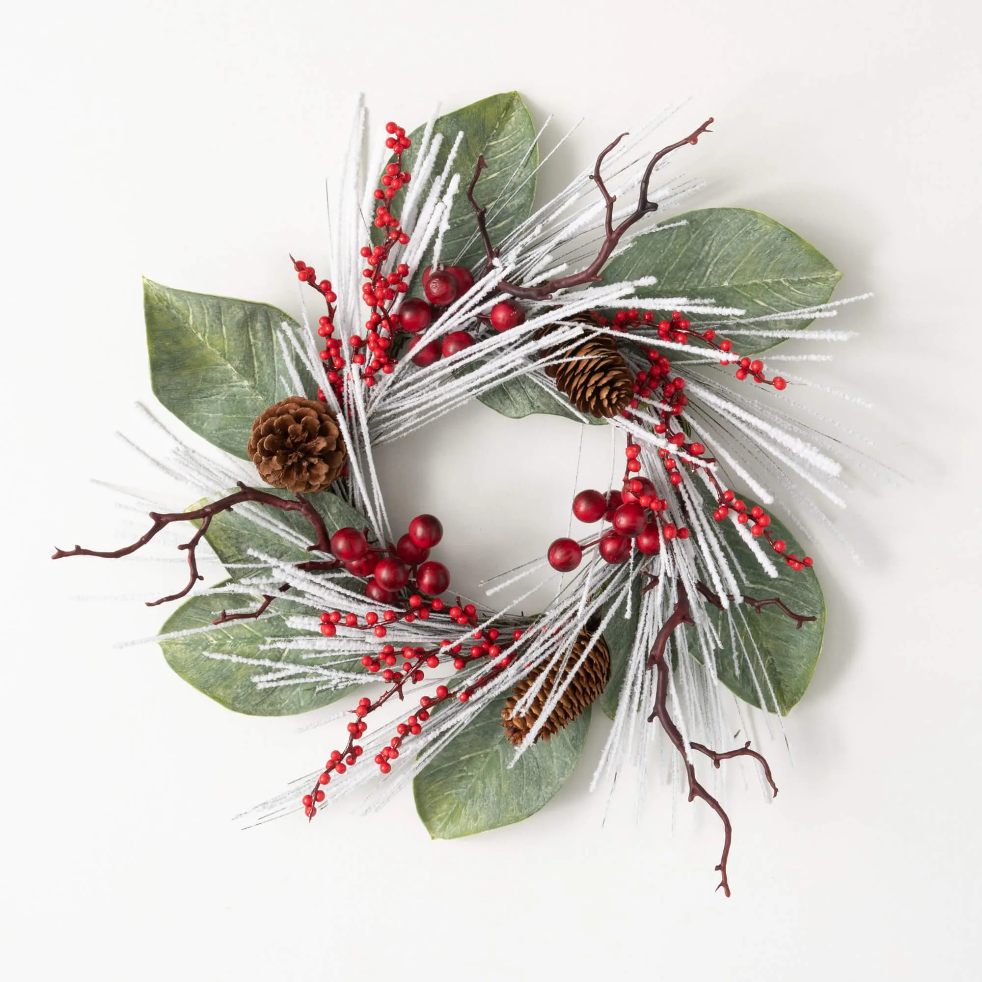 19"H Sullivans Snowy Long Pine & Berry Christmas Mini Wreath, Green