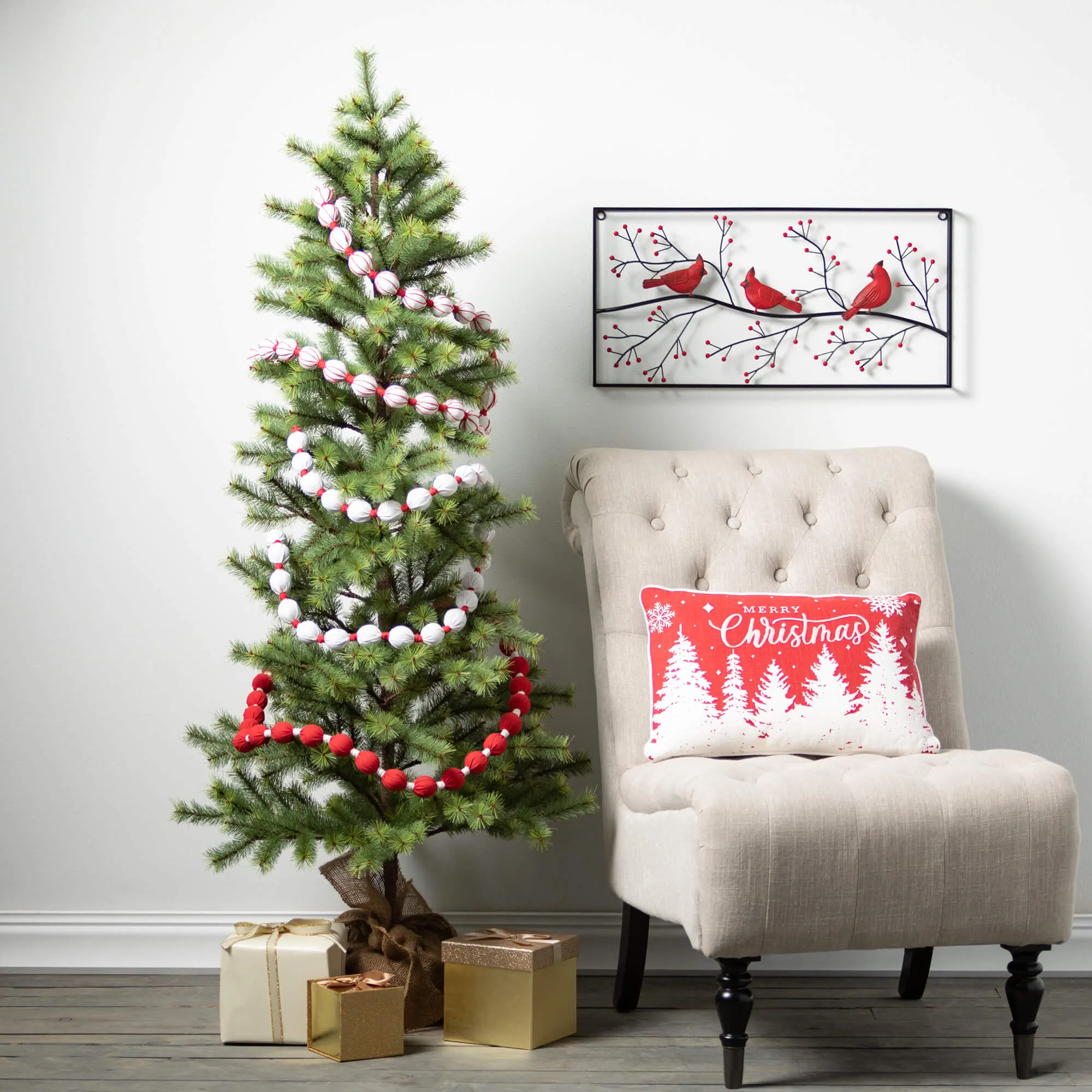 6'L Sullivans Candy Cane Fabric Ball Garland - Set of 3, Red Christmas Garland