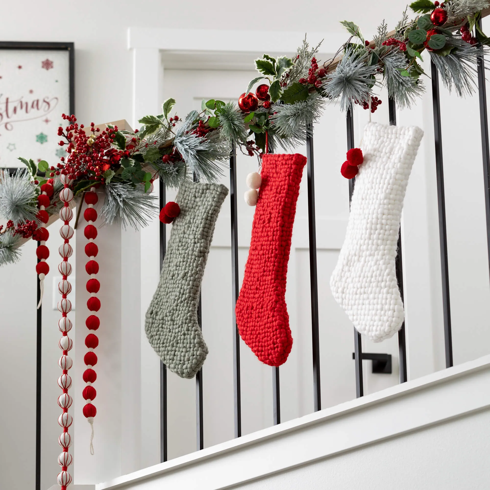 6'L Sullivans Candy Cane Fabric Ball Garland - Set of 3, Red Christmas Garland