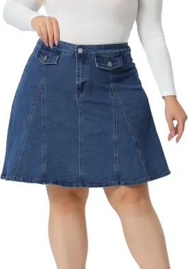 Agnes Orinda Plus Size Denim Skirt for Women Casual A-line Jean Buttons Decor Faux Pockets Mini Skirts