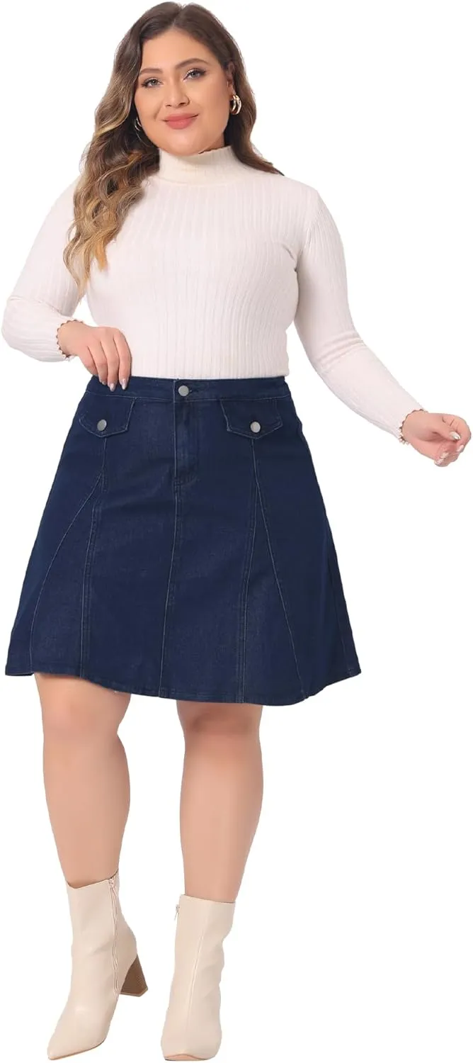 Agnes Orinda Plus Size Denim Skirt for Women Casual A-line Jean Buttons Decor Faux Pockets Mini Skirts