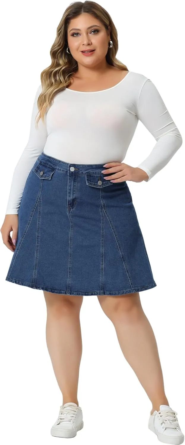 Agnes Orinda Plus Size Denim Skirt for Women Casual A-line Jean Buttons Decor Faux Pockets Mini Skirts