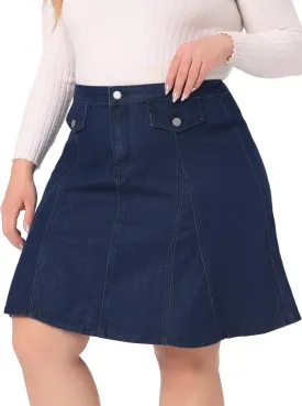 Agnes Orinda Plus Size Denim Skirt for Women Casual A-line Jean Buttons Decor Faux Pockets Mini Skirts