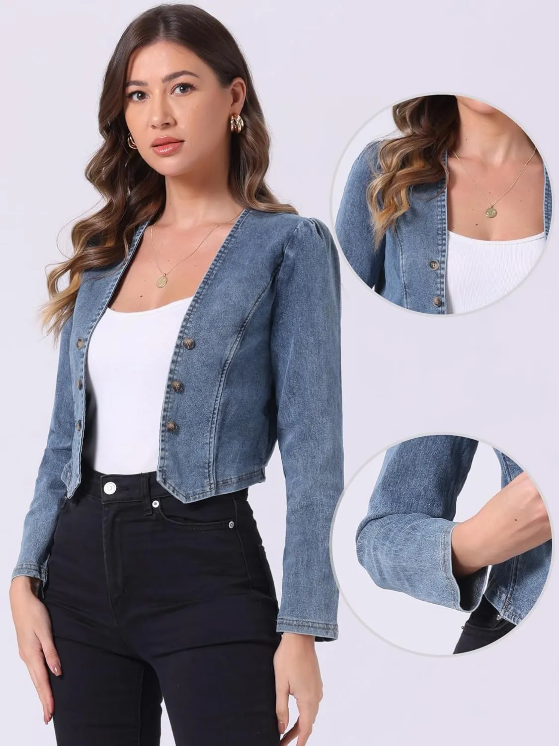 Allegra K Denim Collarless Jackets for Women's Cropped Double Breasted Open Front Jean Cardigan