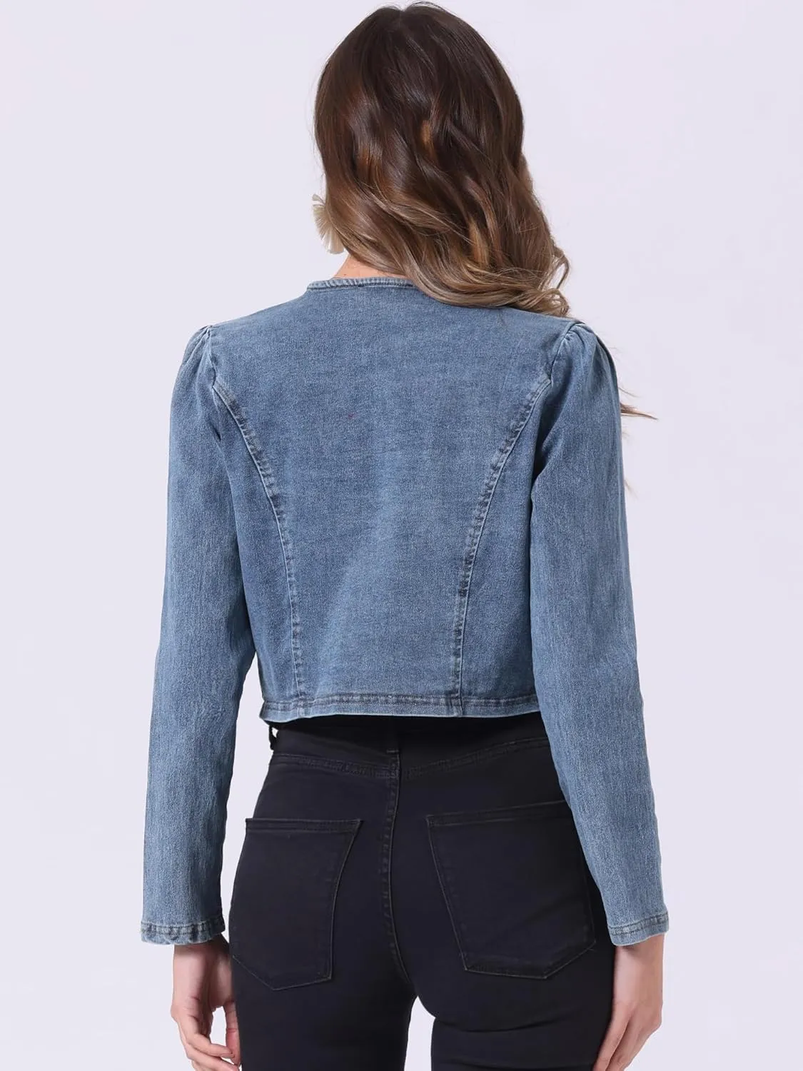 Allegra K Denim Collarless Jackets for Women's Cropped Double Breasted Open Front Jean Cardigan