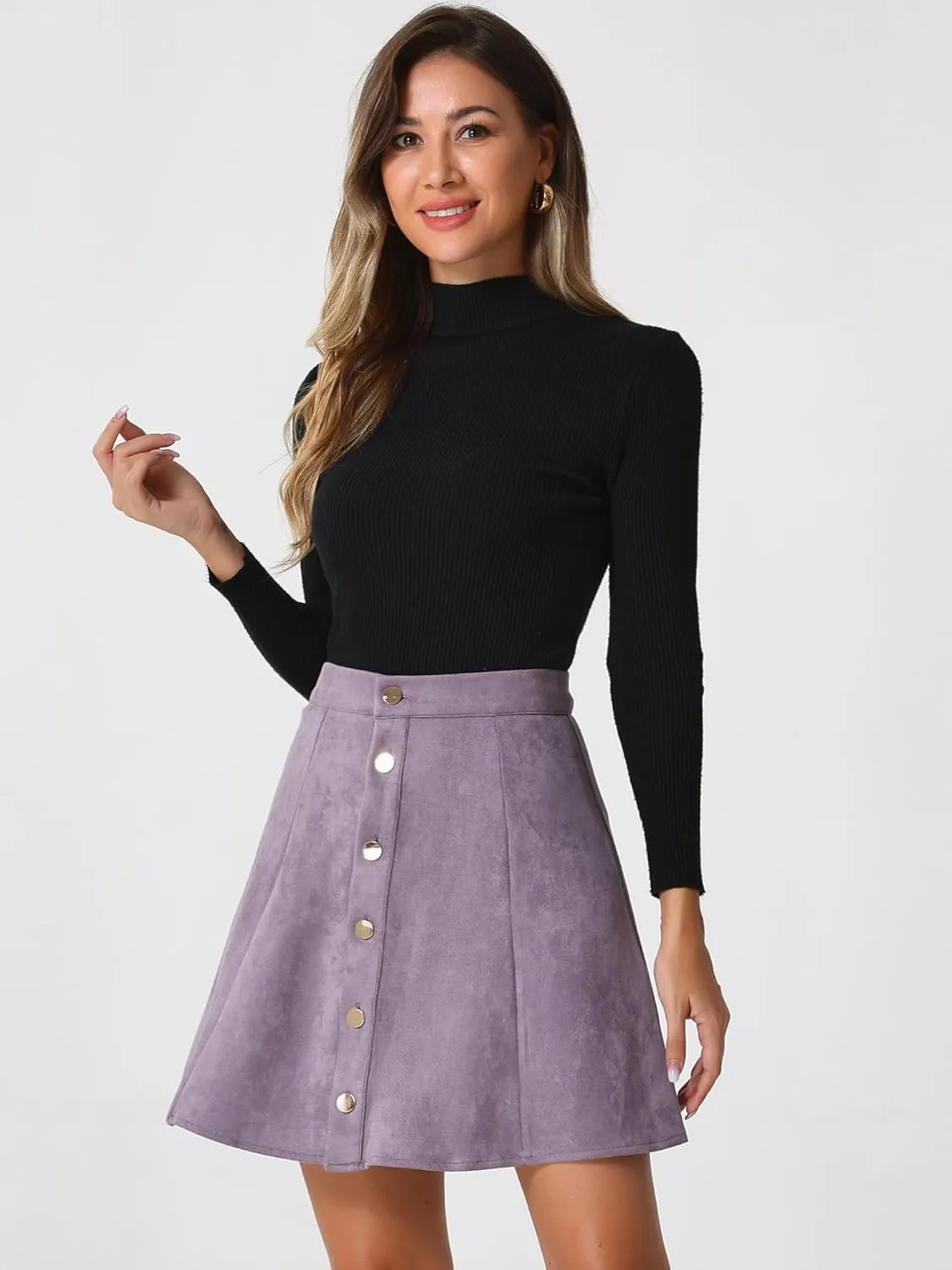 Allegra K Women's Faux Suede Button A-Line High Waisted Christmas Flared Mini Short Skirt