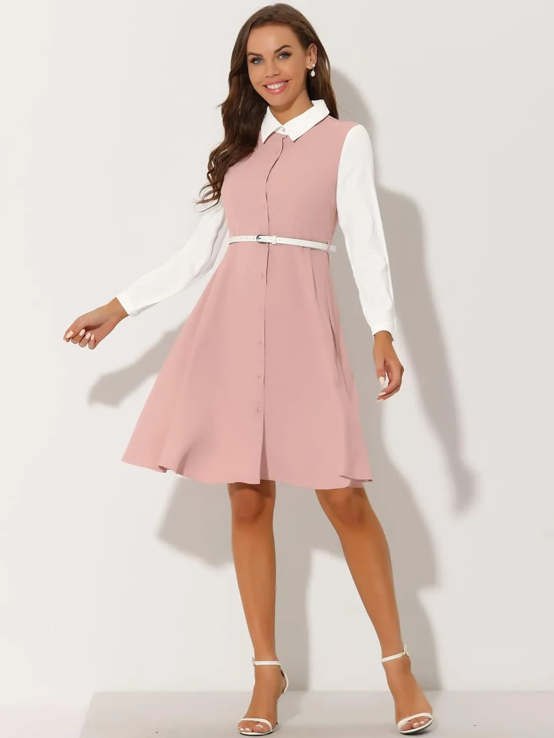 Allegra K Women's Halloween Long Sleeve Work Dress Button Midi Contrast Collar Dresses