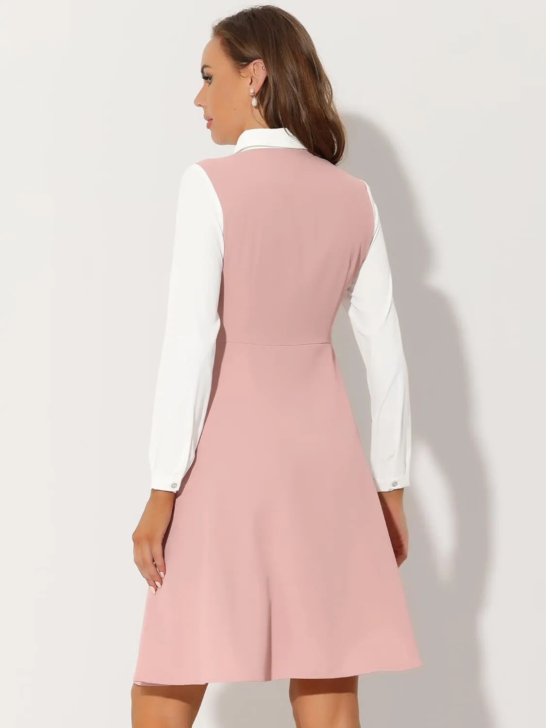Allegra K Women's Halloween Long Sleeve Work Dress Button Midi Contrast Collar Dresses