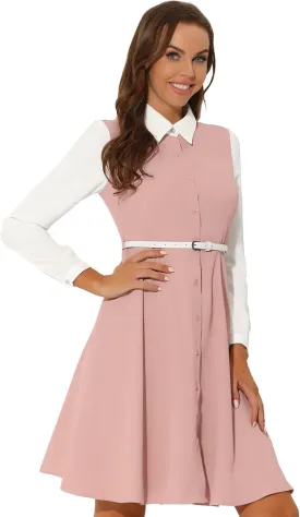 Allegra K Women's Halloween Long Sleeve Work Dress Button Midi Contrast Collar Dresses