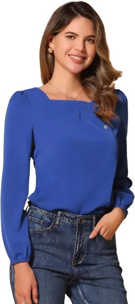 Allegra K Women's Square Neck Casual Solid Long Sleeve Tops