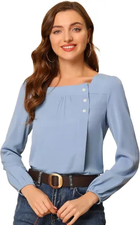 Allegra K Women's Square Neck Casual Solid Long Sleeve Tops