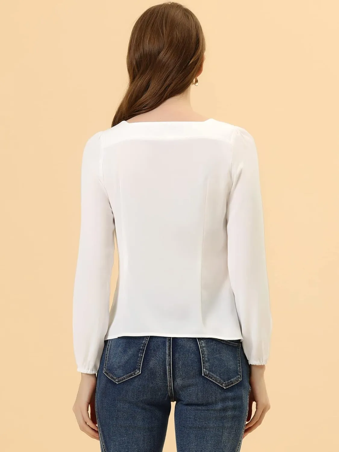 Allegra K Women's Square Neck Casual Solid Long Sleeve Tops
