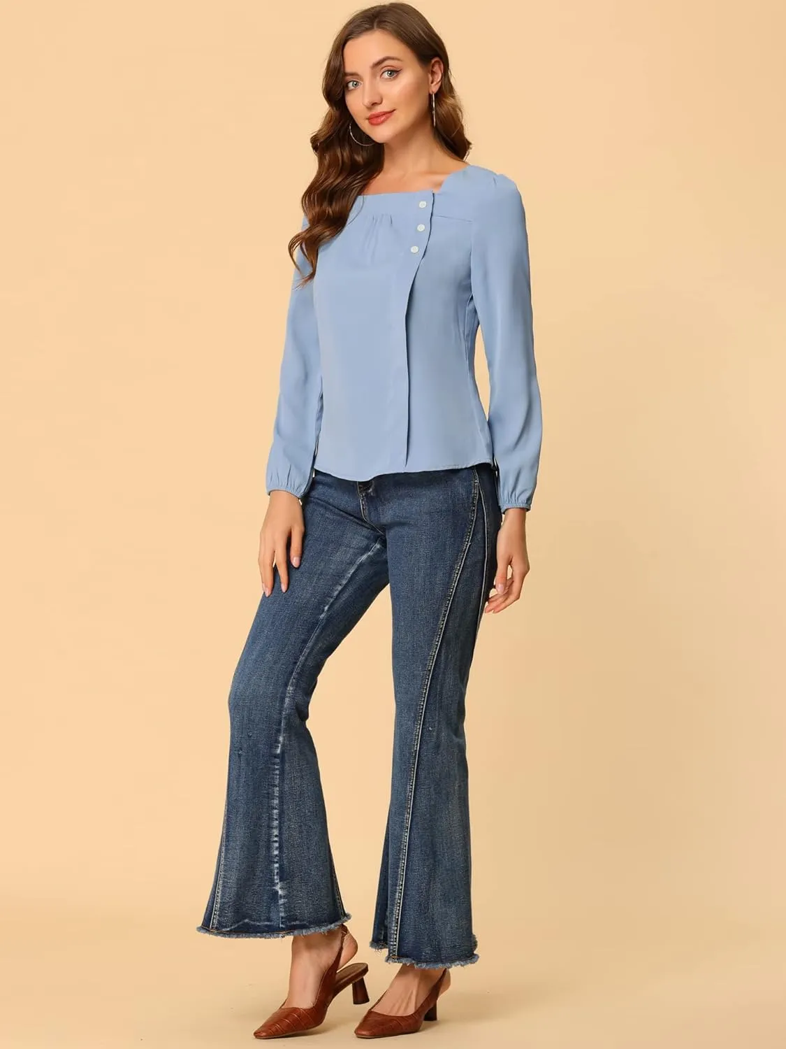 Allegra K Women's Square Neck Casual Solid Long Sleeve Tops