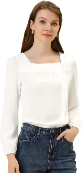Allegra K Women's Square Neck Casual Solid Long Sleeve Tops