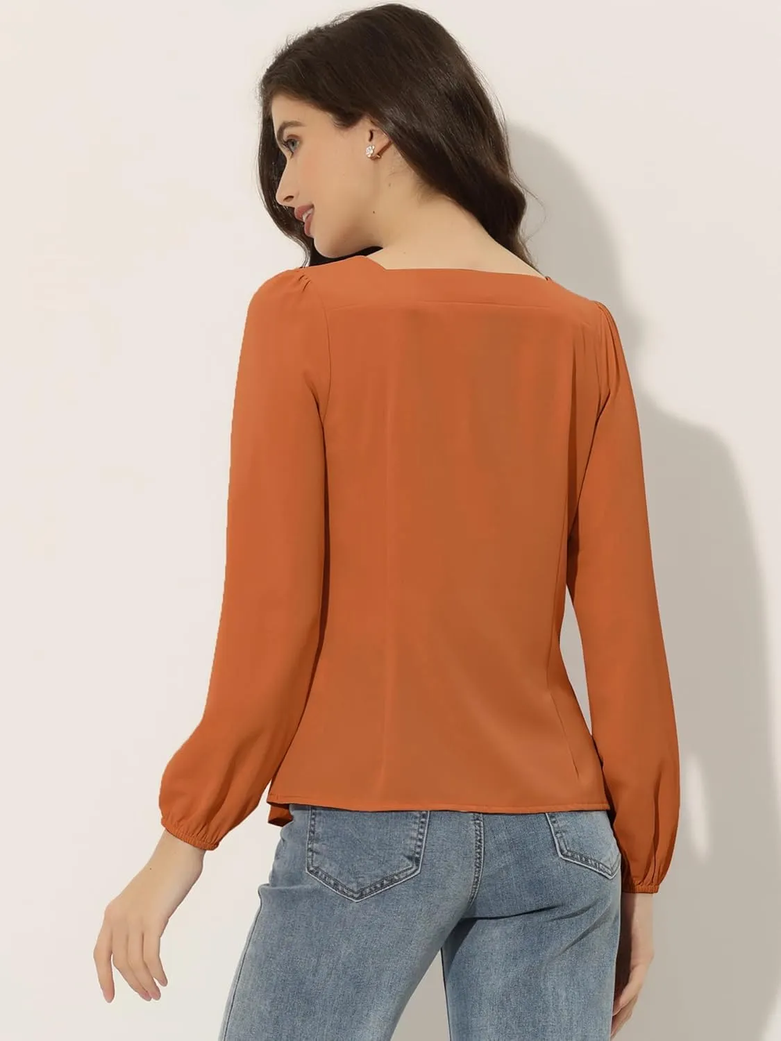 Allegra K Women's Square Neck Casual Solid Long Sleeve Tops