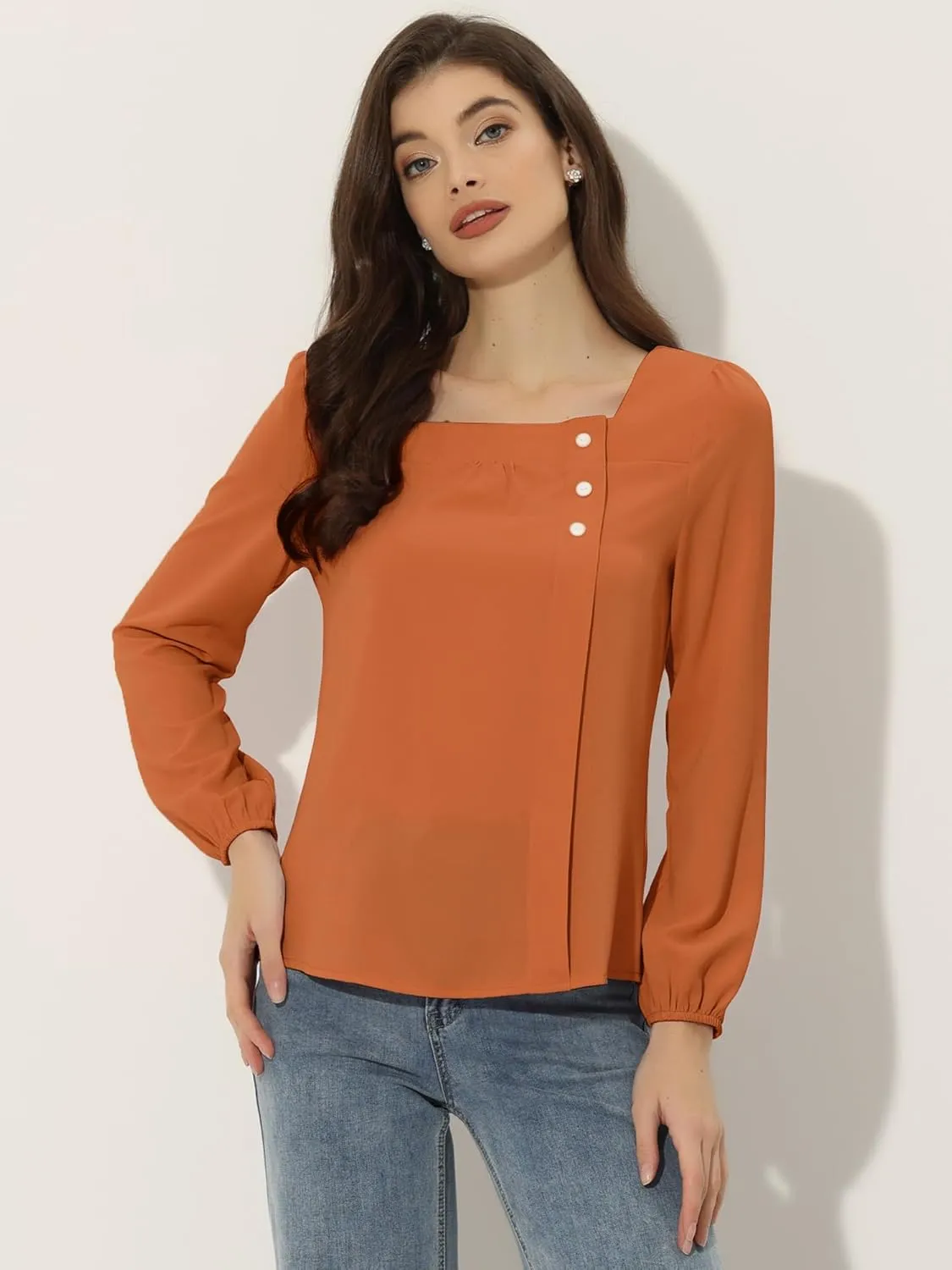 Allegra K Women's Square Neck Casual Solid Long Sleeve Tops