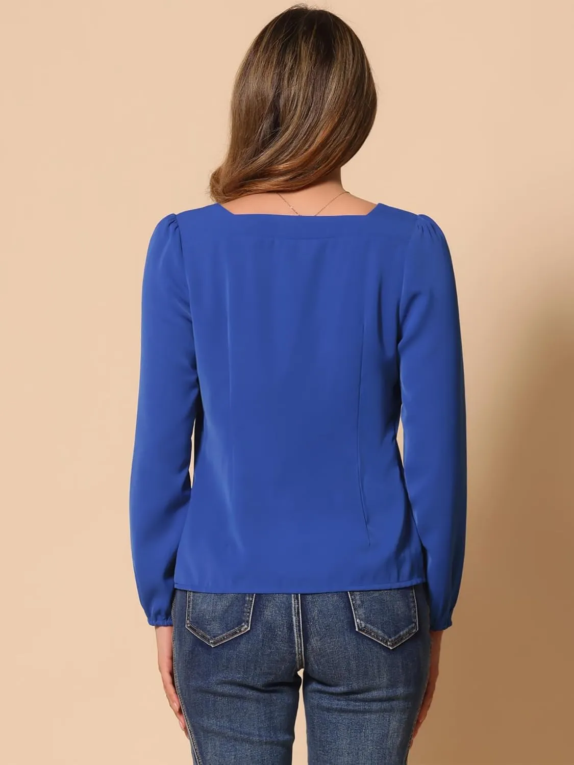 Allegra K Women's Square Neck Casual Solid Long Sleeve Tops