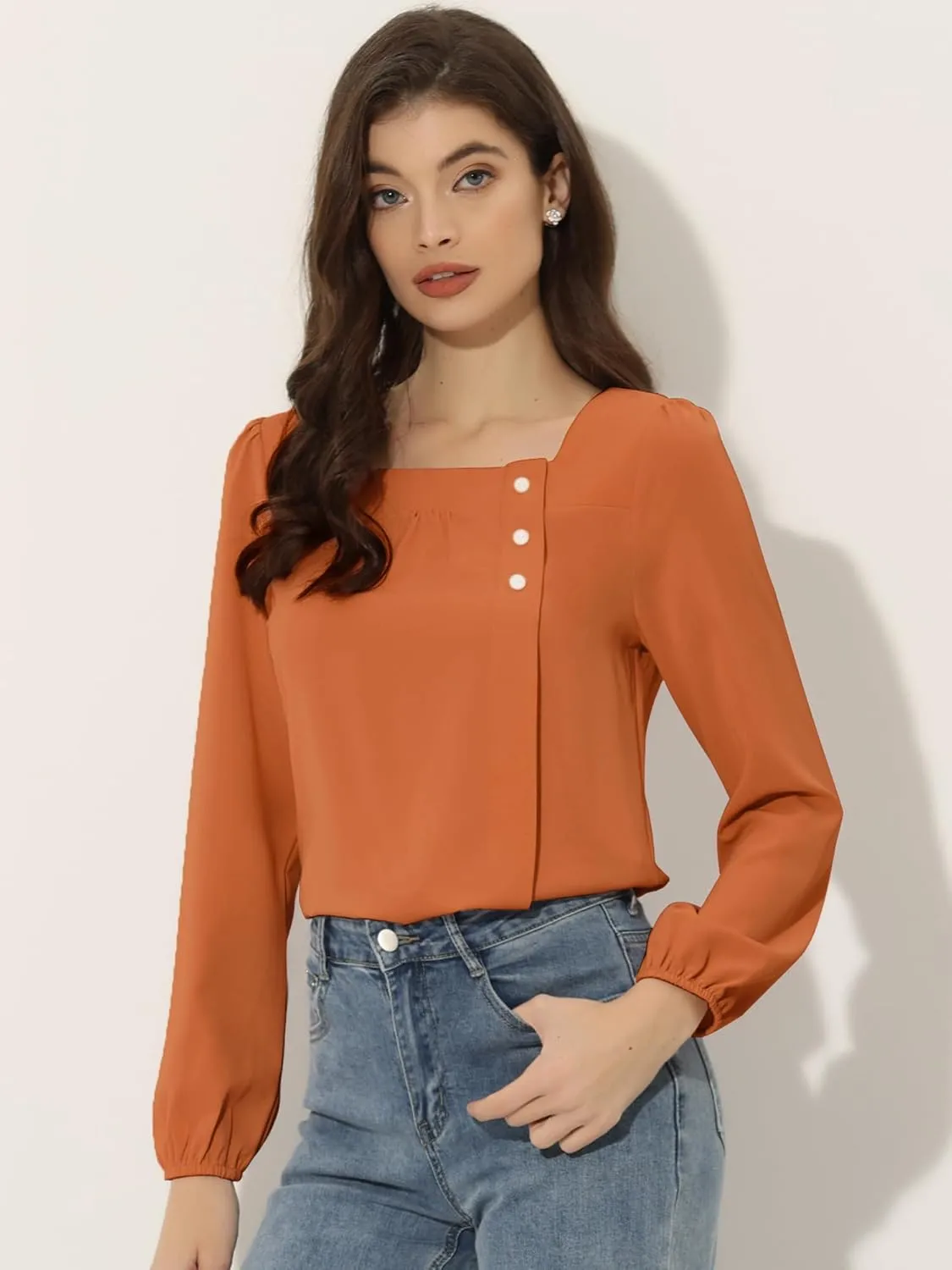 Allegra K Women's Square Neck Casual Solid Long Sleeve Tops