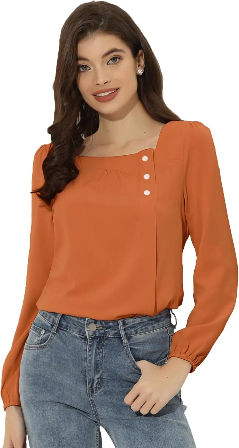 Allegra K Women's Square Neck Casual Solid Long Sleeve Tops