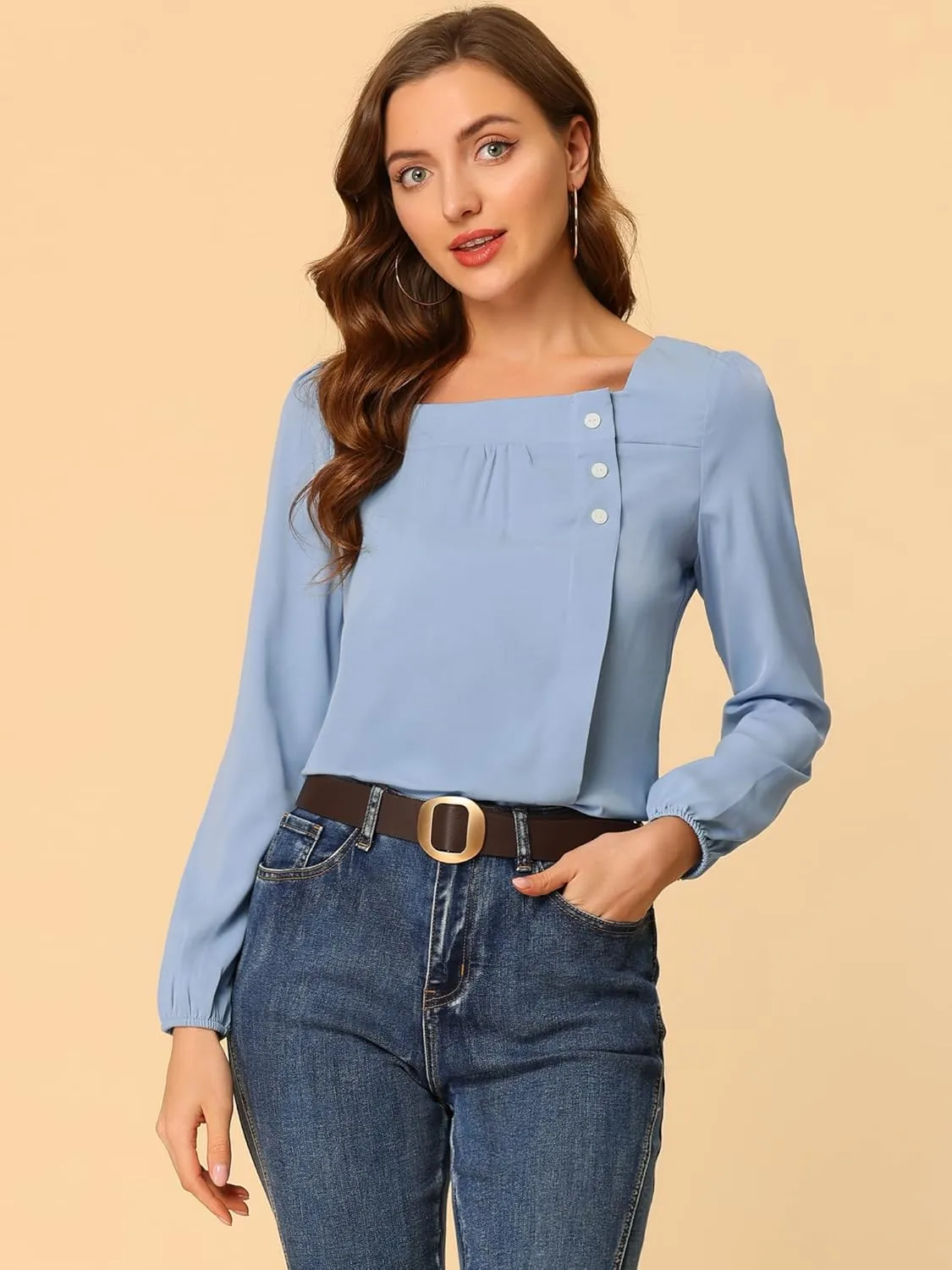 Allegra K Women's Square Neck Casual Solid Long Sleeve Tops