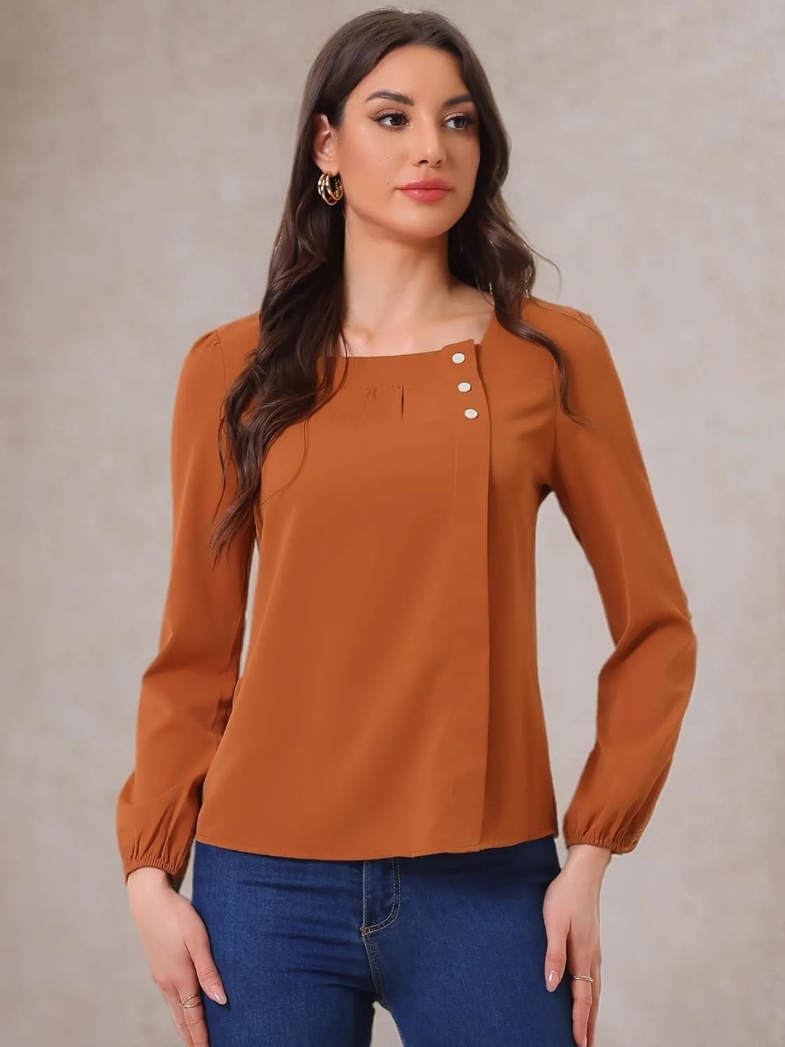 Allegra K Women's Square Neck Casual Solid Long Sleeve Tops