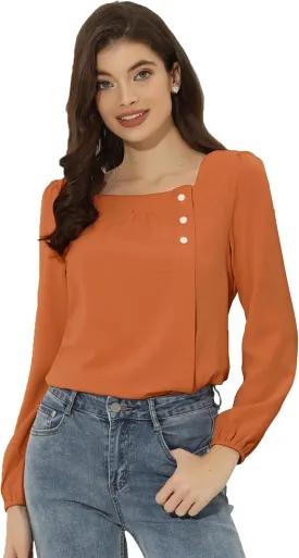Allegra K Women's Square Neck Casual Solid Long Sleeve Tops