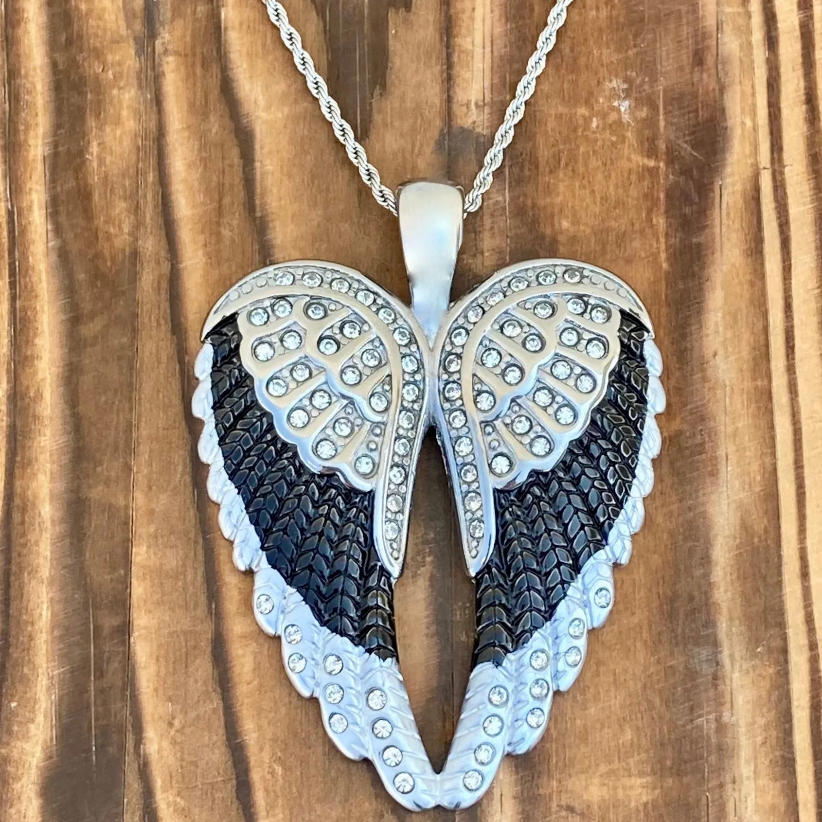 Angel Heart Wings Pendant - Black W/White Stones Wings - Custom - Rope Necklace - LAP40