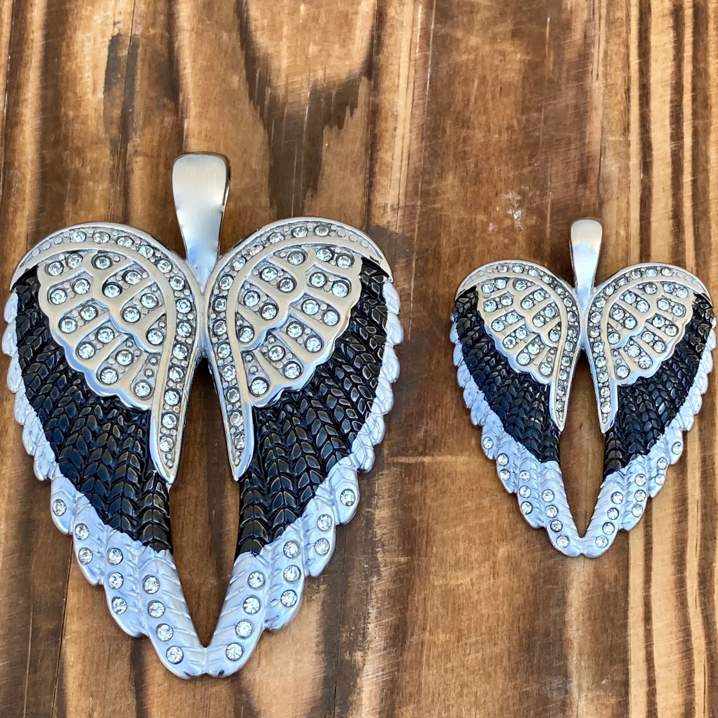 Angel Heart Wings Pendant - Black W/White Stones Wings - Custom - Rope Necklace - LAP40