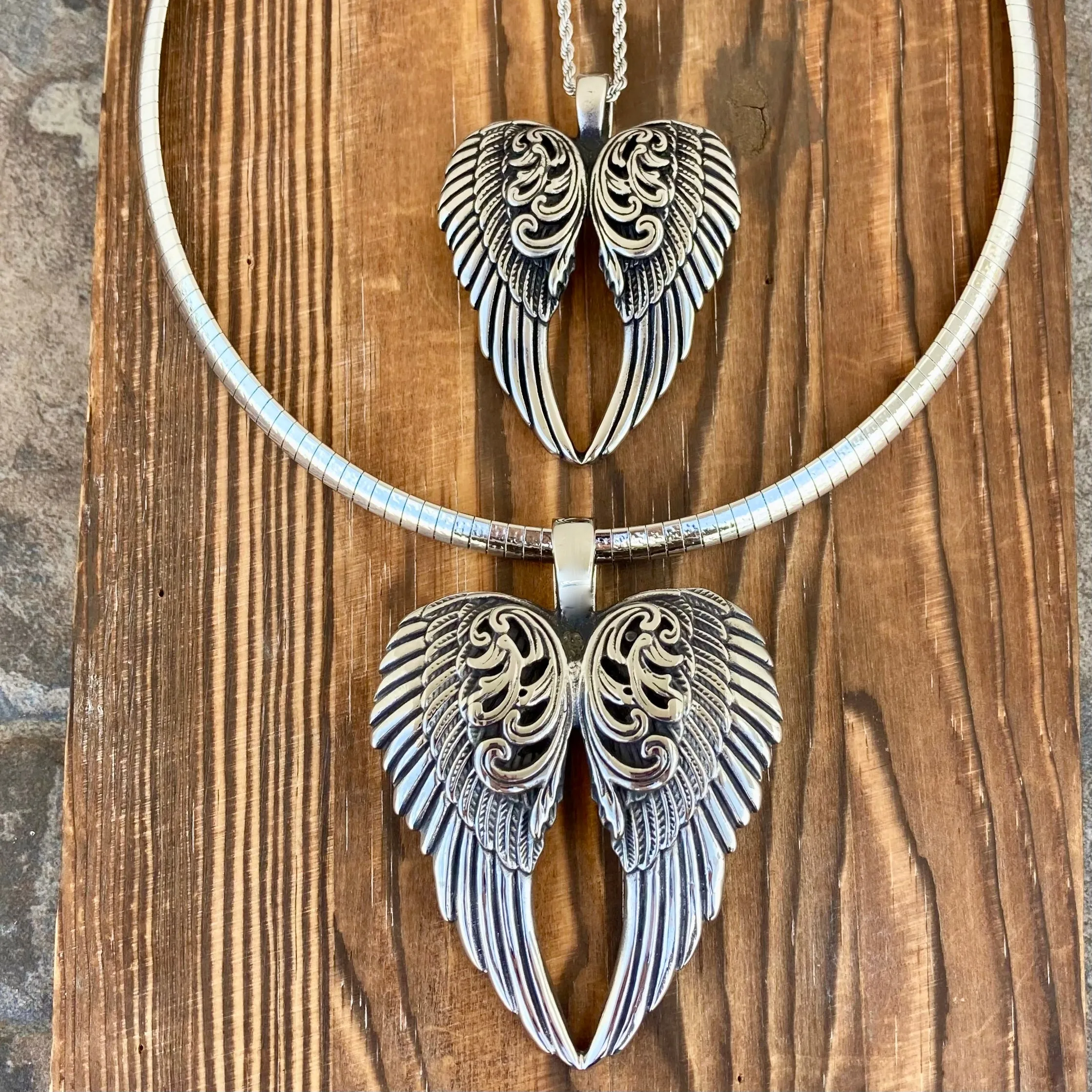 Angel Heart Wings Pendant - Silver Wings - Custom - Rope Necklace - LAP028