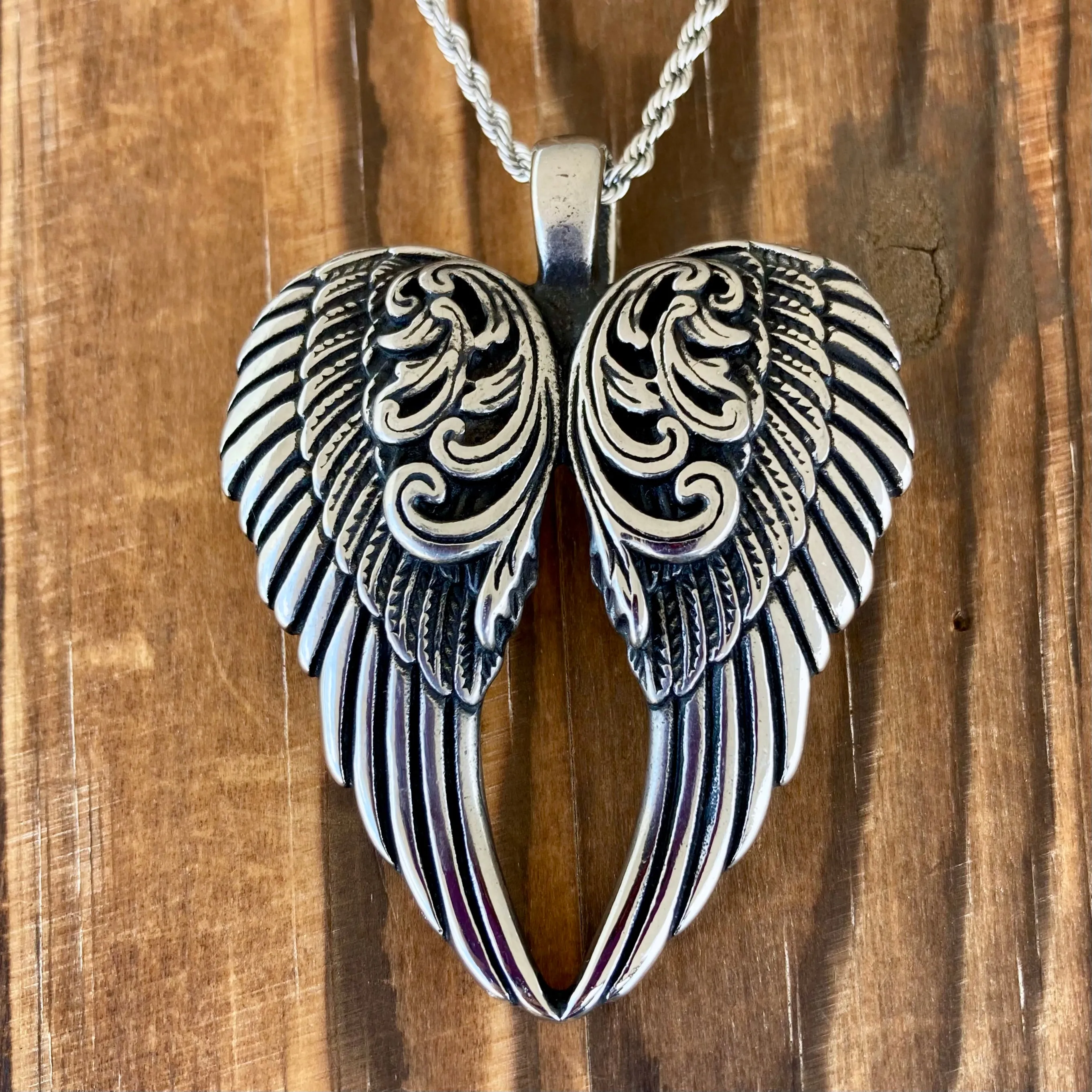 Angel Heart Wings Pendant - Silver Wings - Custom - Rope Necklace - LAP028