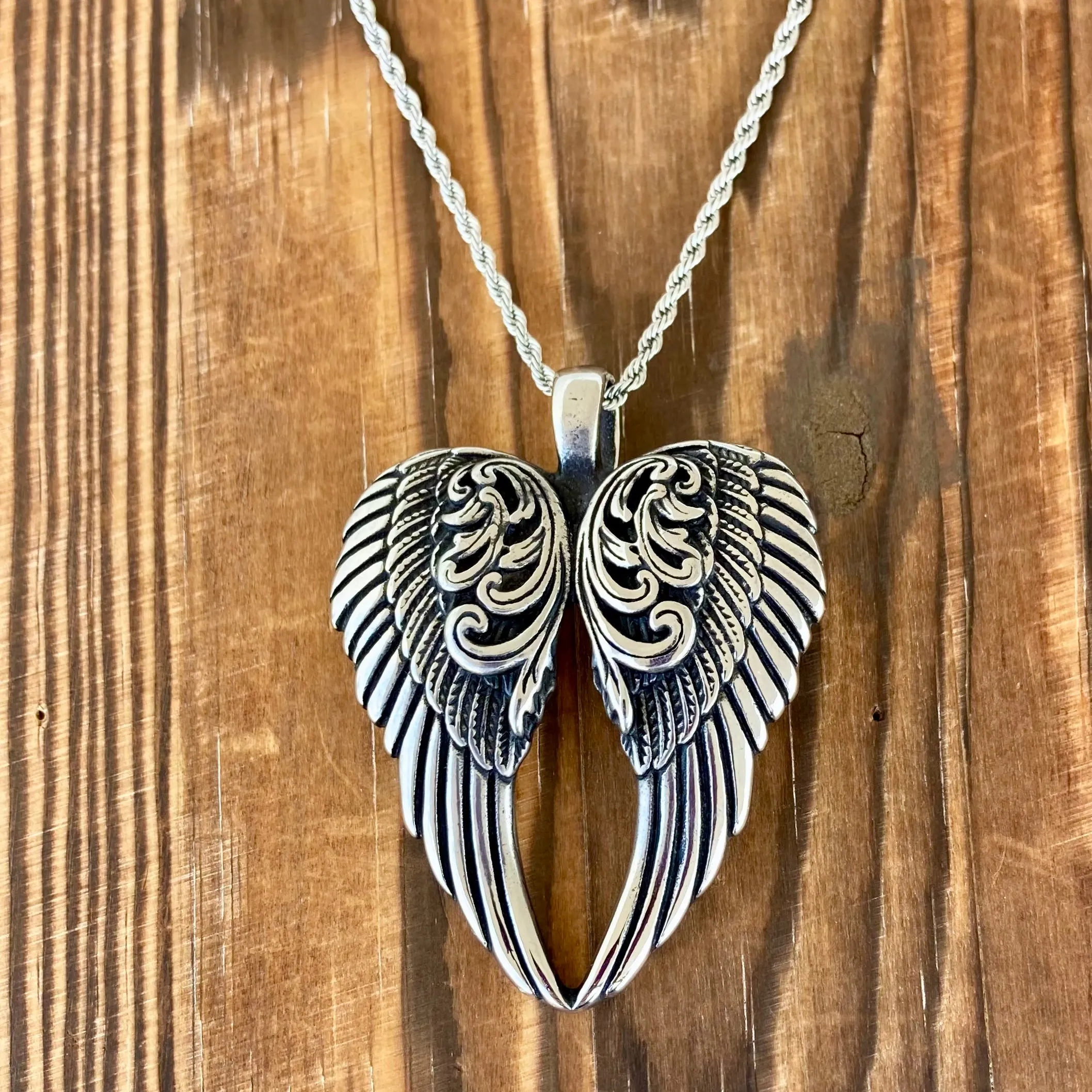 Angel Heart Wings Pendant - Silver Wings - Custom - Rope Necklace - LAP028