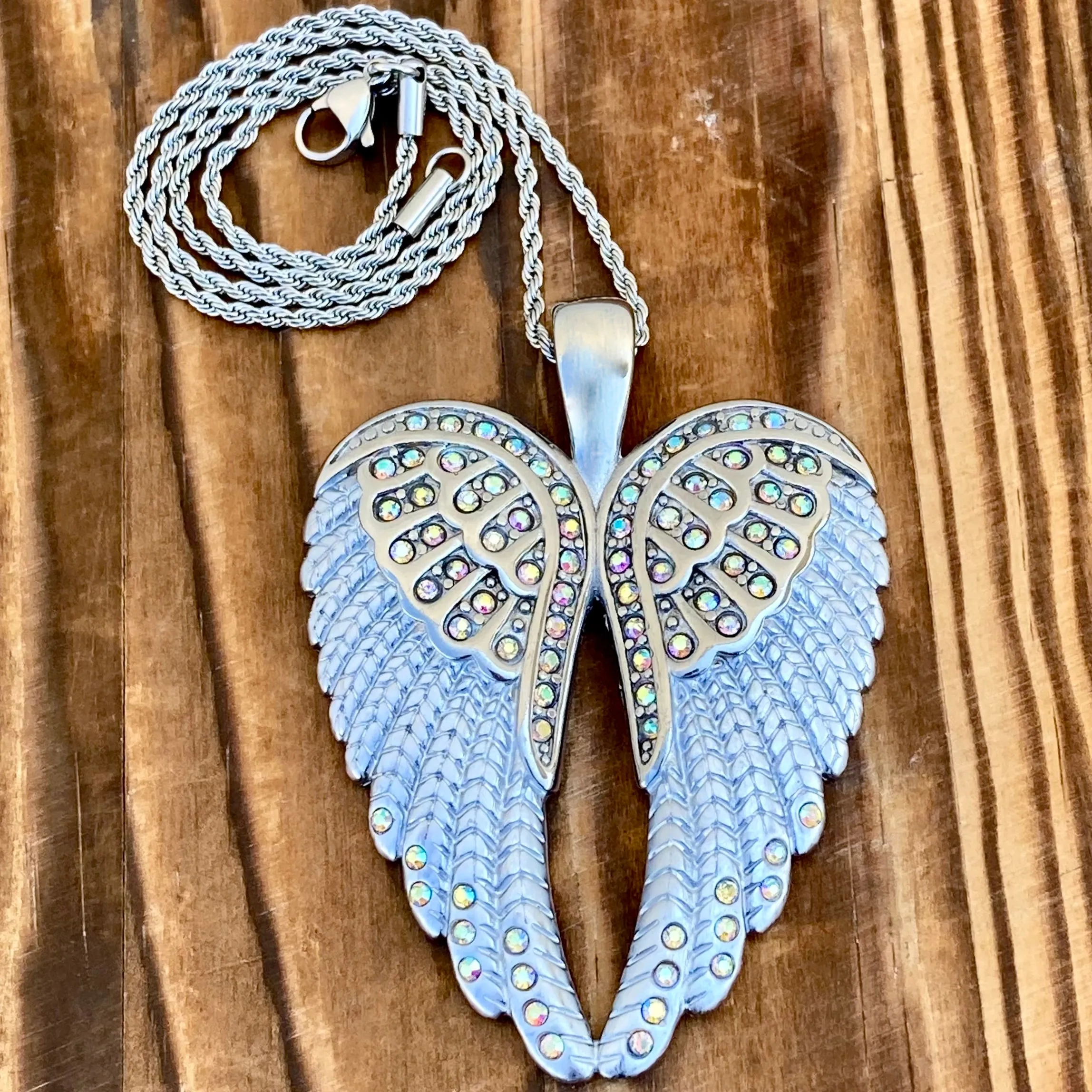 Angel Heart Wings Pendant - White W/Rainbow Stones Wings - Custom - Rope Necklace - LAP37