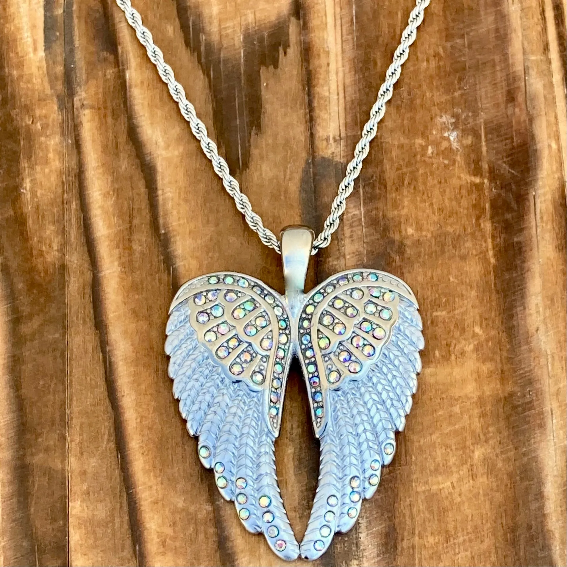 Angel Heart Wings Pendant - White W/Rainbow Stones Wings - Custom - Rope Necklace - LAP37