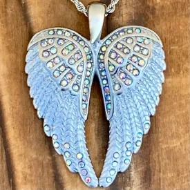 Angel Heart Wings Pendant - White W/Rainbow Stones Wings - Custom - Rope Necklace - LAP37