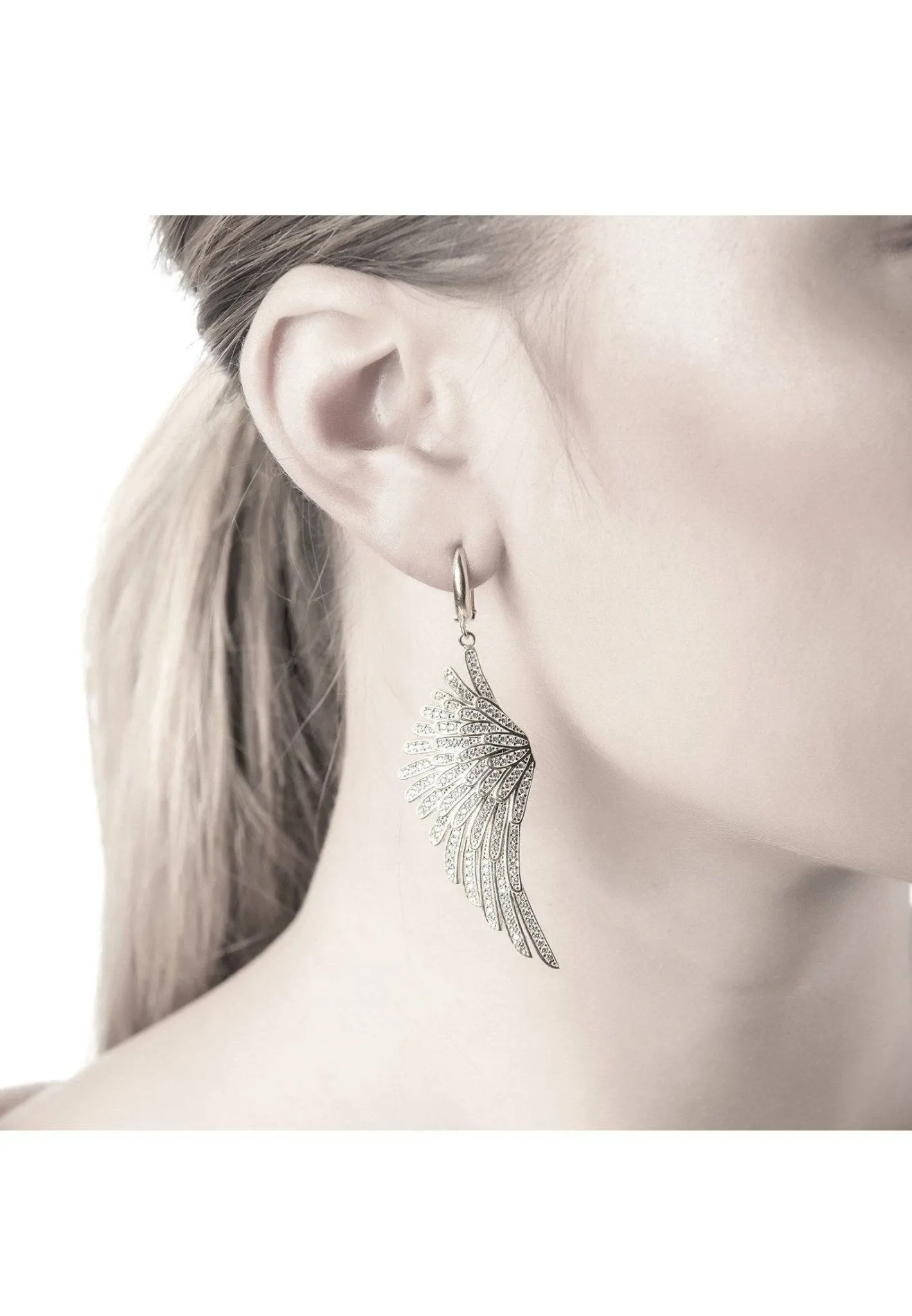Angel Wing Drop Earrings Silver White