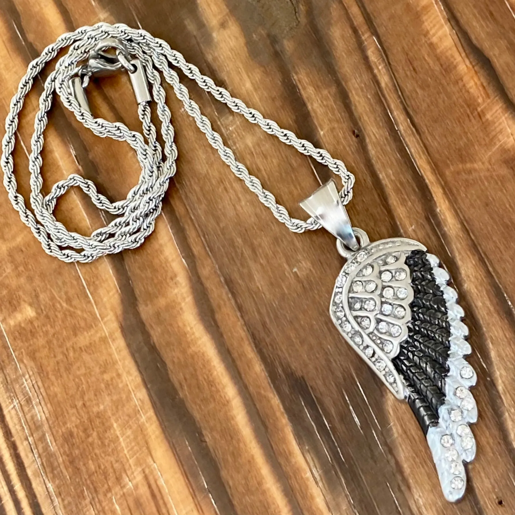 Angel Wings - Pendant - Rope Necklace - Black & White Bling - SK2250