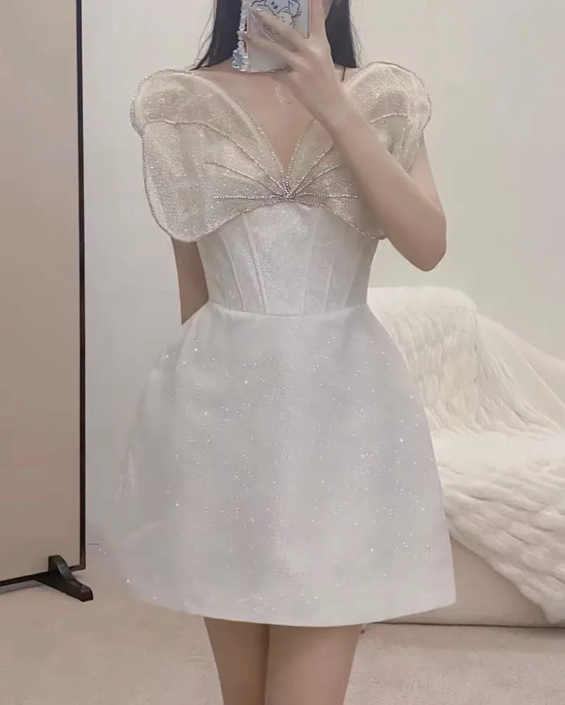 Angelcore White Butterfly Wing Shimmer Corset Party Dress